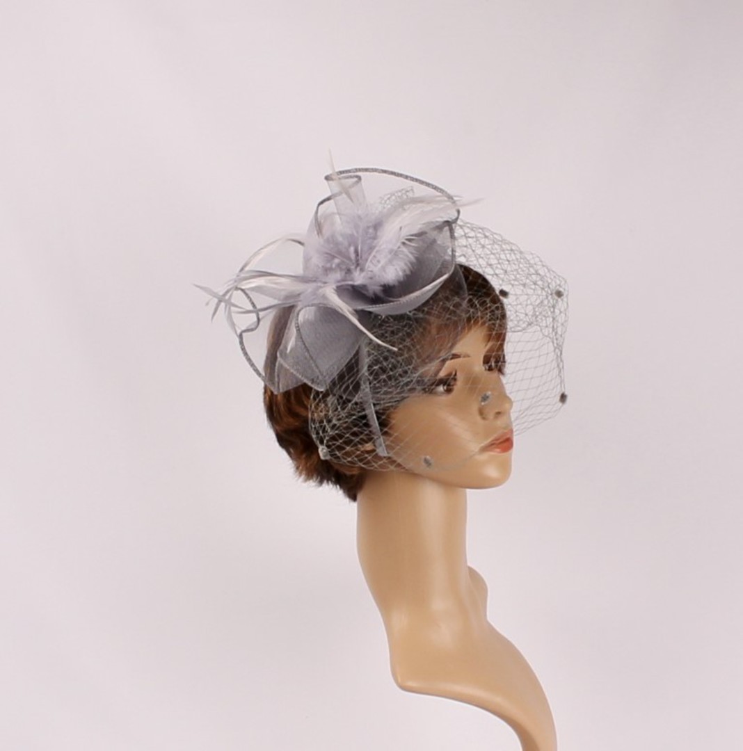  Head band crin  fascinator w feathers and net silver STYLE: HS/4675 /SIL image 0